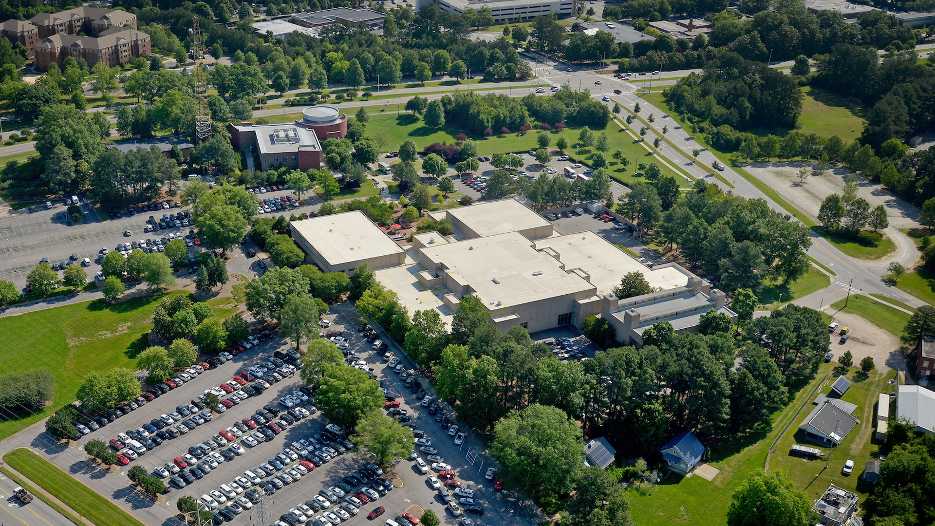An aerial view of the McKimmon Center on NC State's campus.