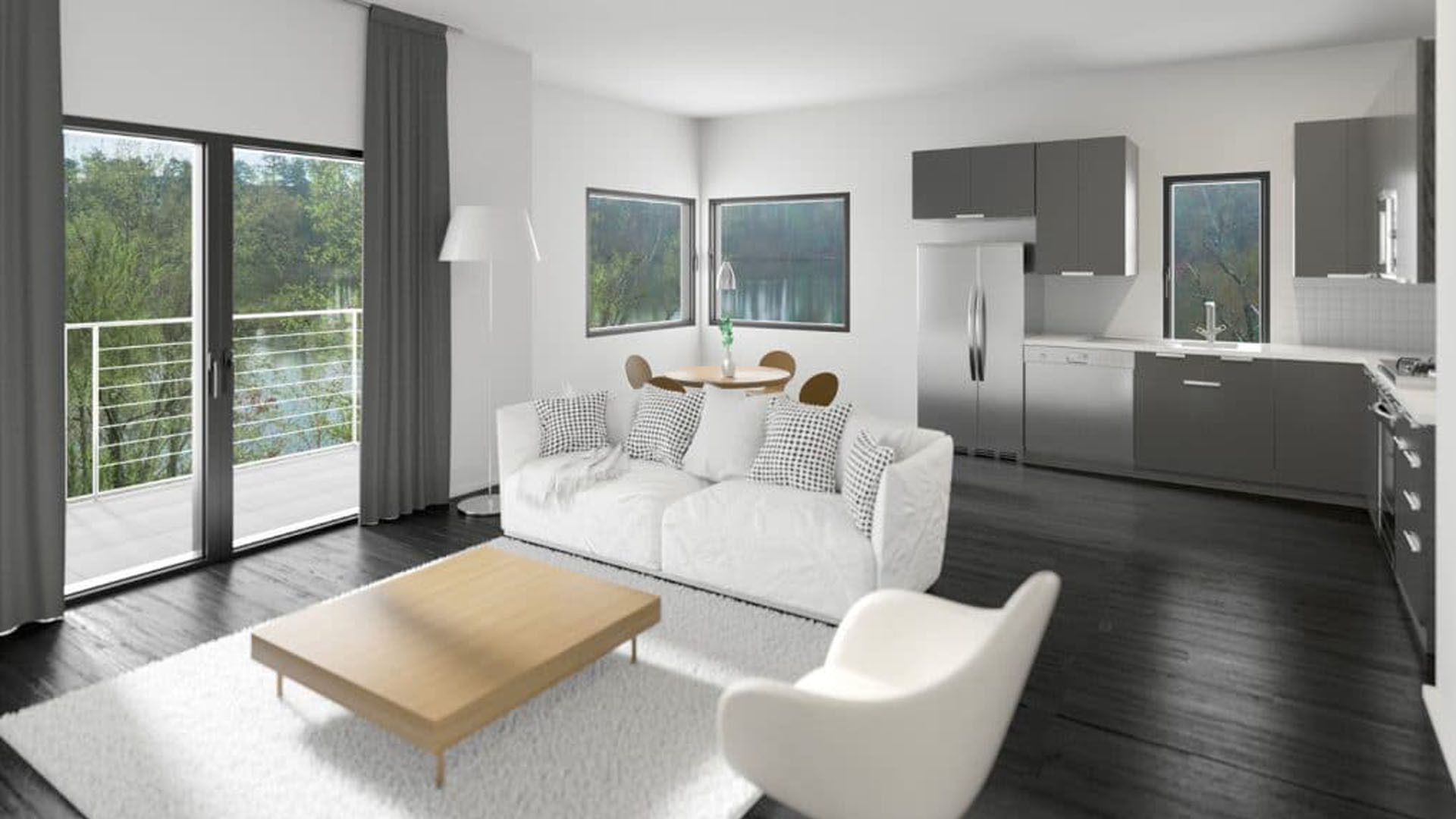 A rendering of the living room in a unit in LakeShore Raleigh condo community.