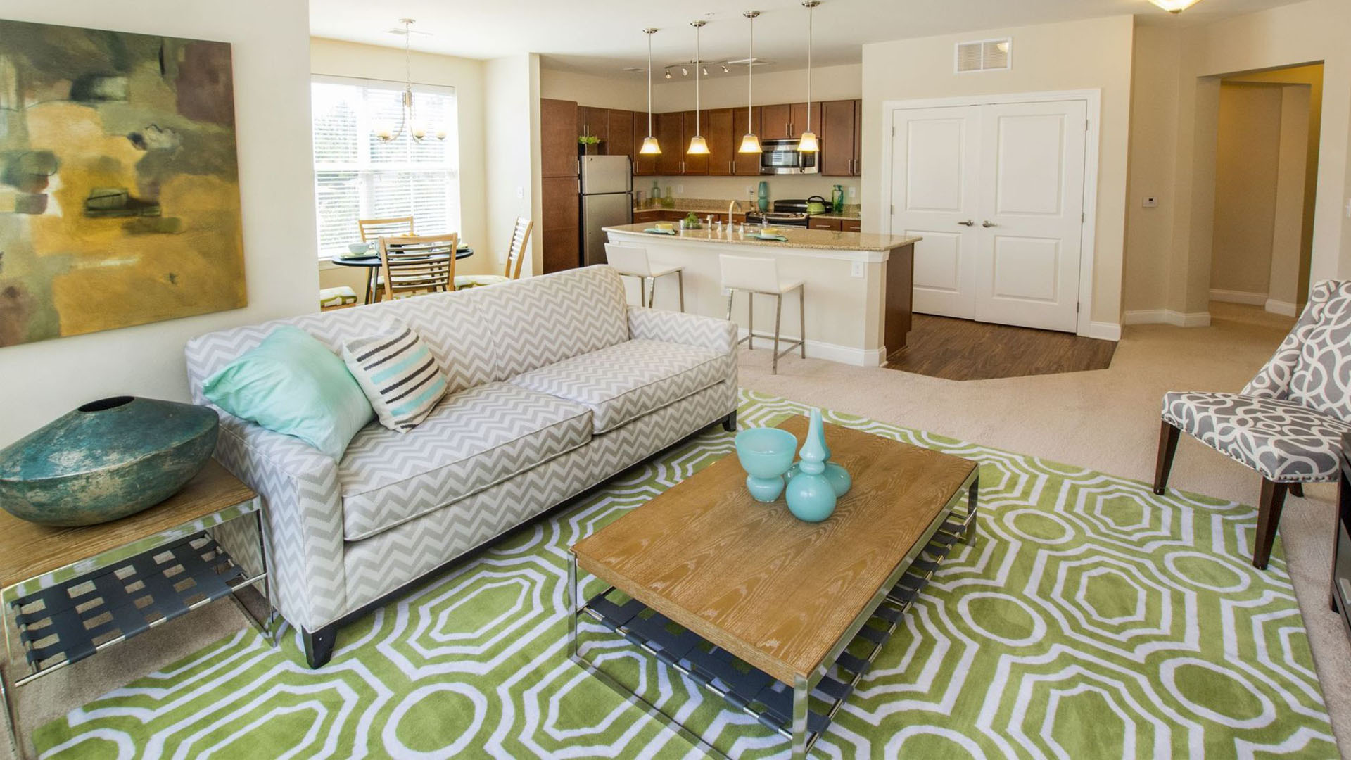 A well-appointed living room in a unit at The Greens at Centennial.