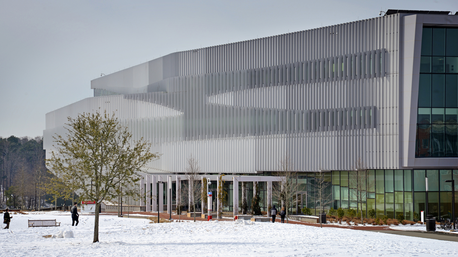 The exterior of Hunt Library on a snowy day.