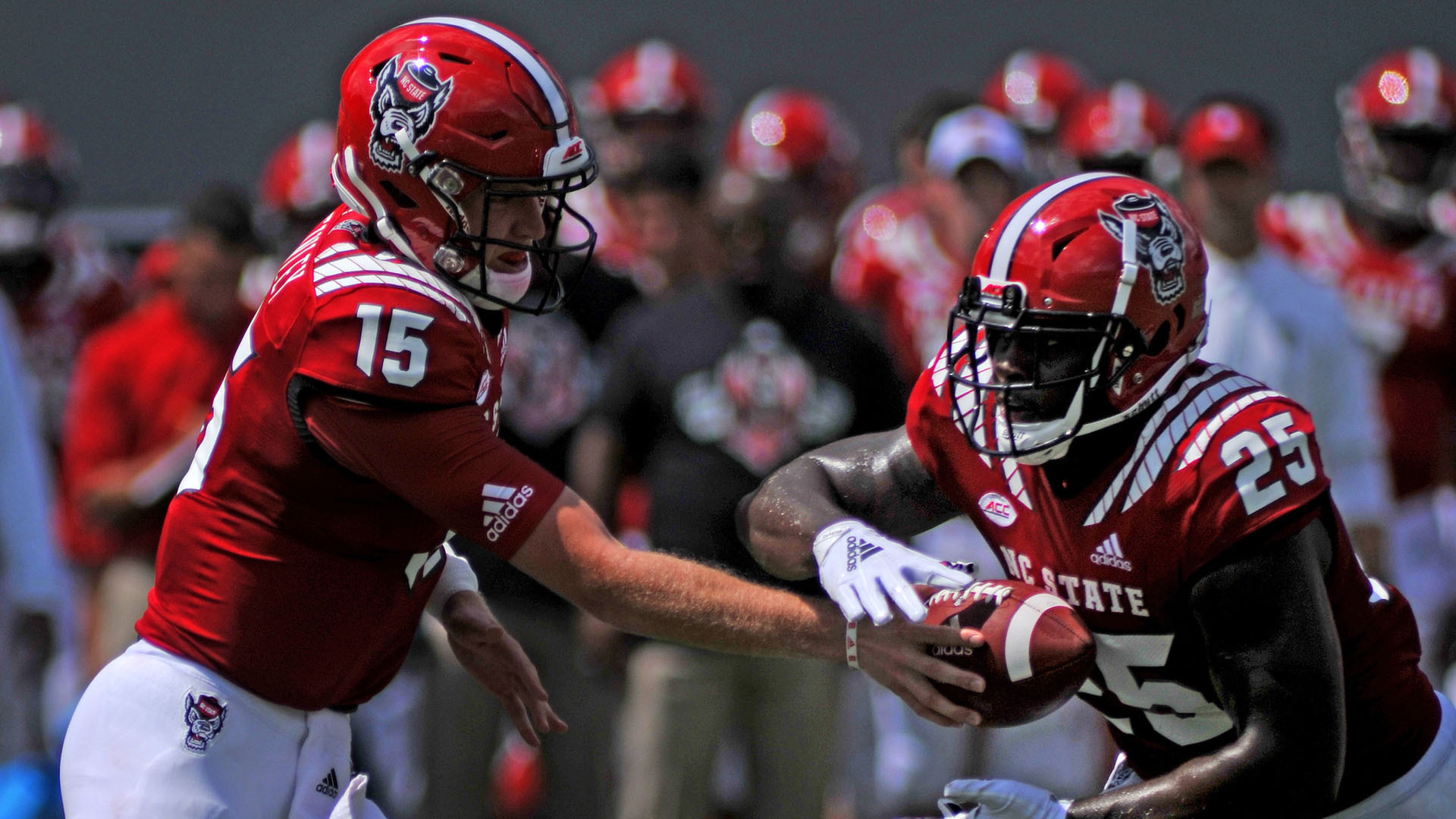 NC State football players on the field during a game.