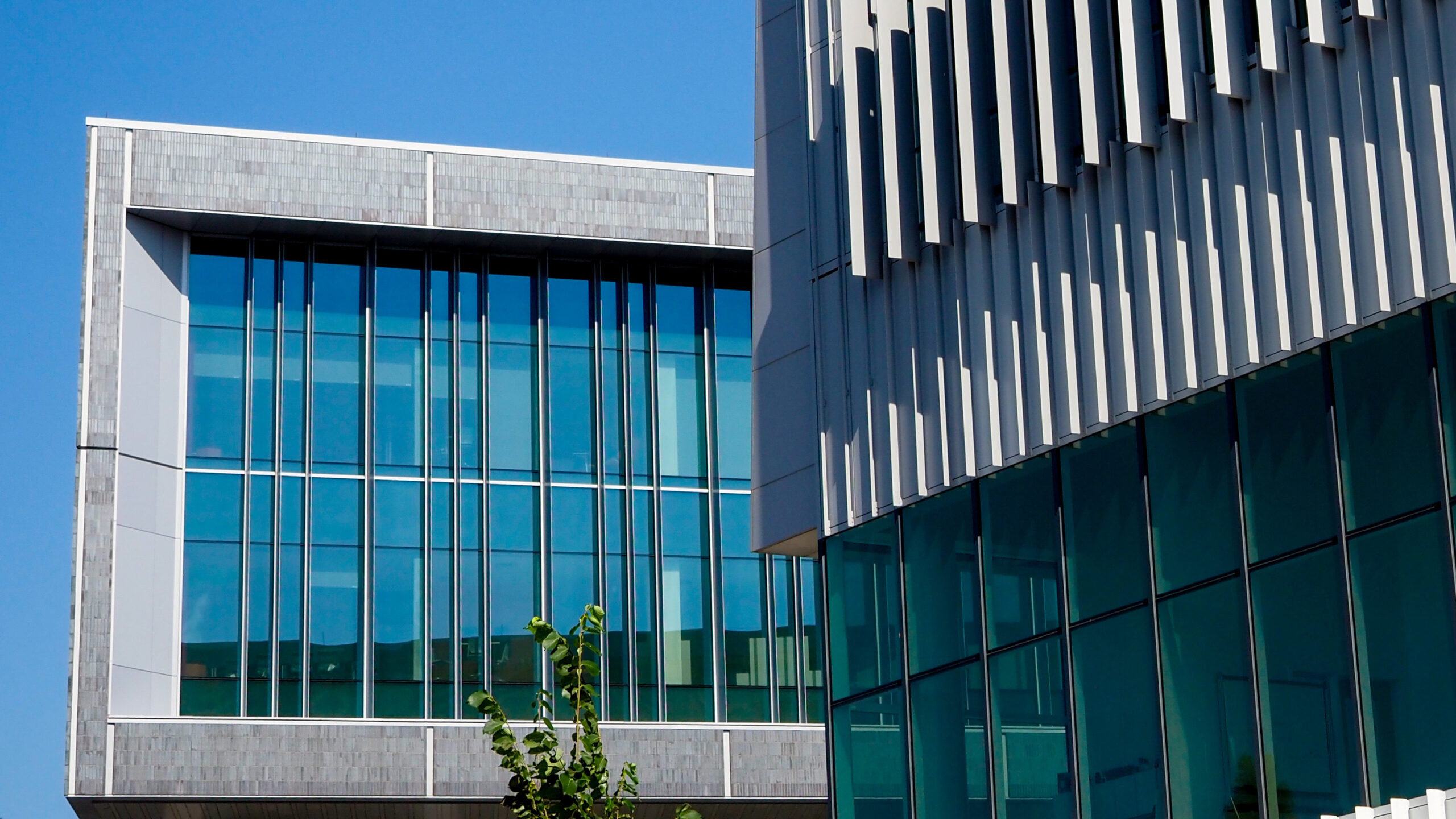 The newly completed Fitts-Woolard Hall (left) looks out from the side onto Hunt Library on Centennial Campus. 